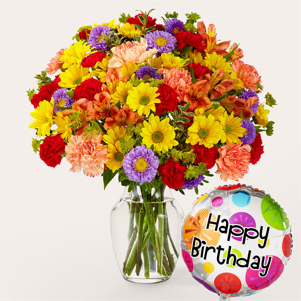 Kaleidoscope Bouquet with Birthday Balloon – SADIE'S FLOWER SHOP, Rayne LA