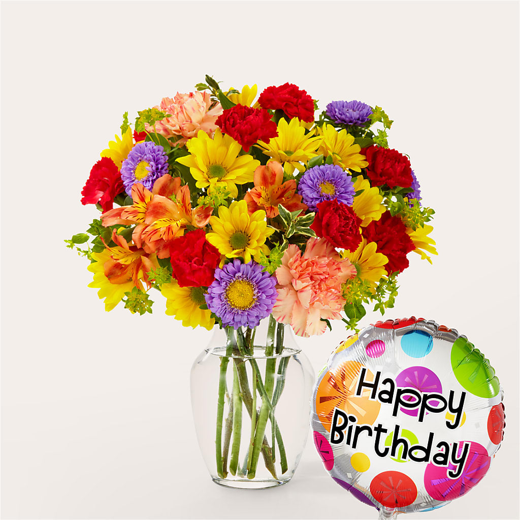 Kaleidoscope Bouquet with Birthday Balloon – SADIE'S FLOWER SHOP, Rayne LA