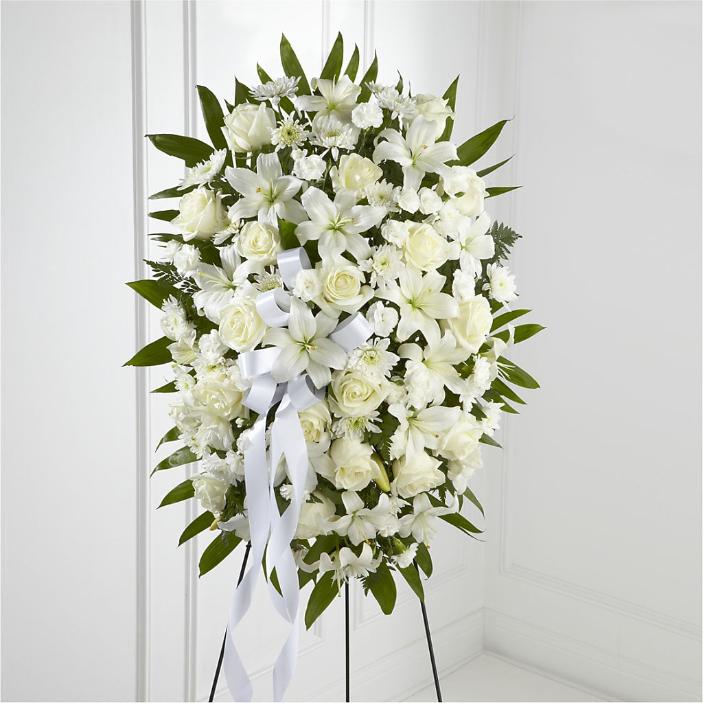 Exquisite Tribute Standing Spray-White Ribbon – SADIE'S FLOWER SHOP, Rayne LA