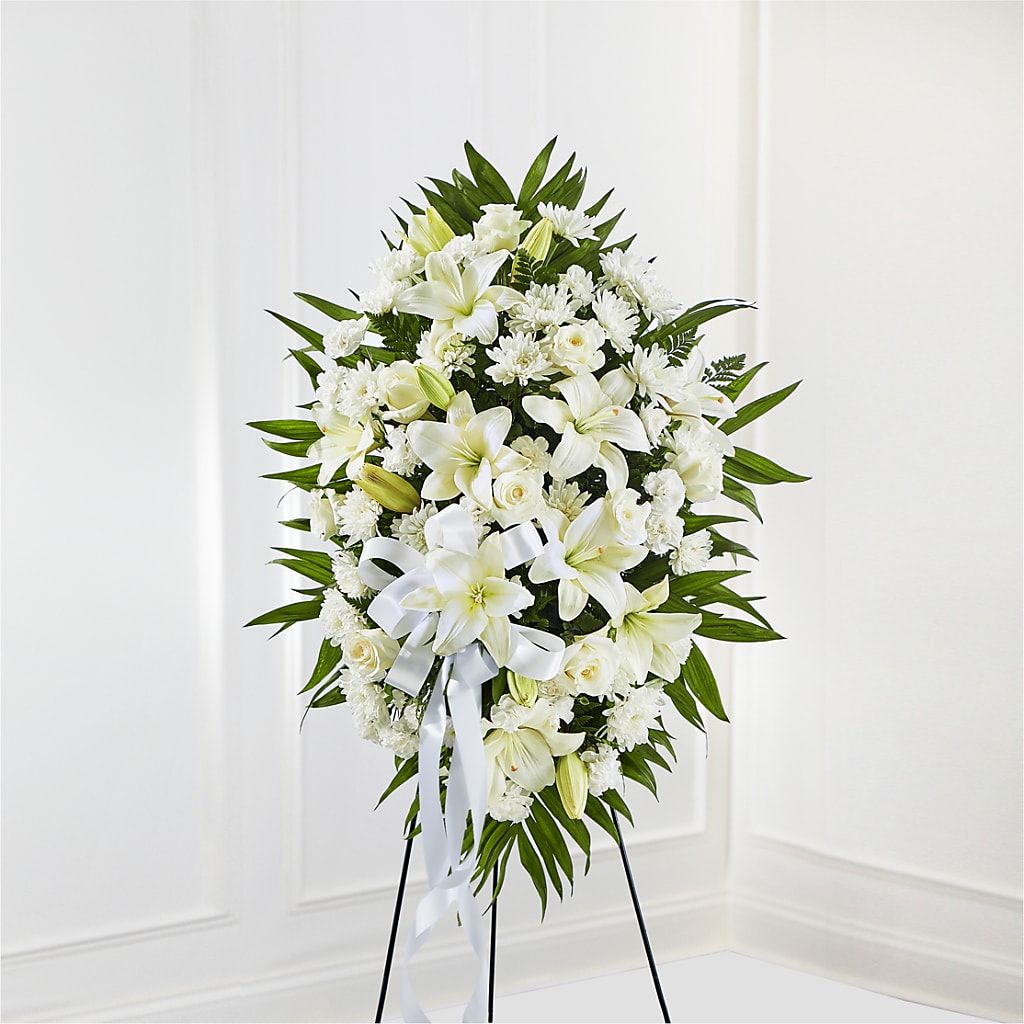 Exquisite Tribute Standing Spray-White Ribbon – SADIE'S FLOWER SHOP, Rayne LA